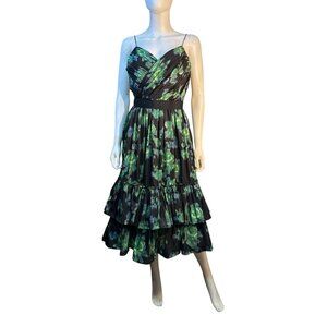 Zac Posen Spag Strap Rushed Bodice Ikat Green Floral Fit & Flare Dress Sz 4 NWT